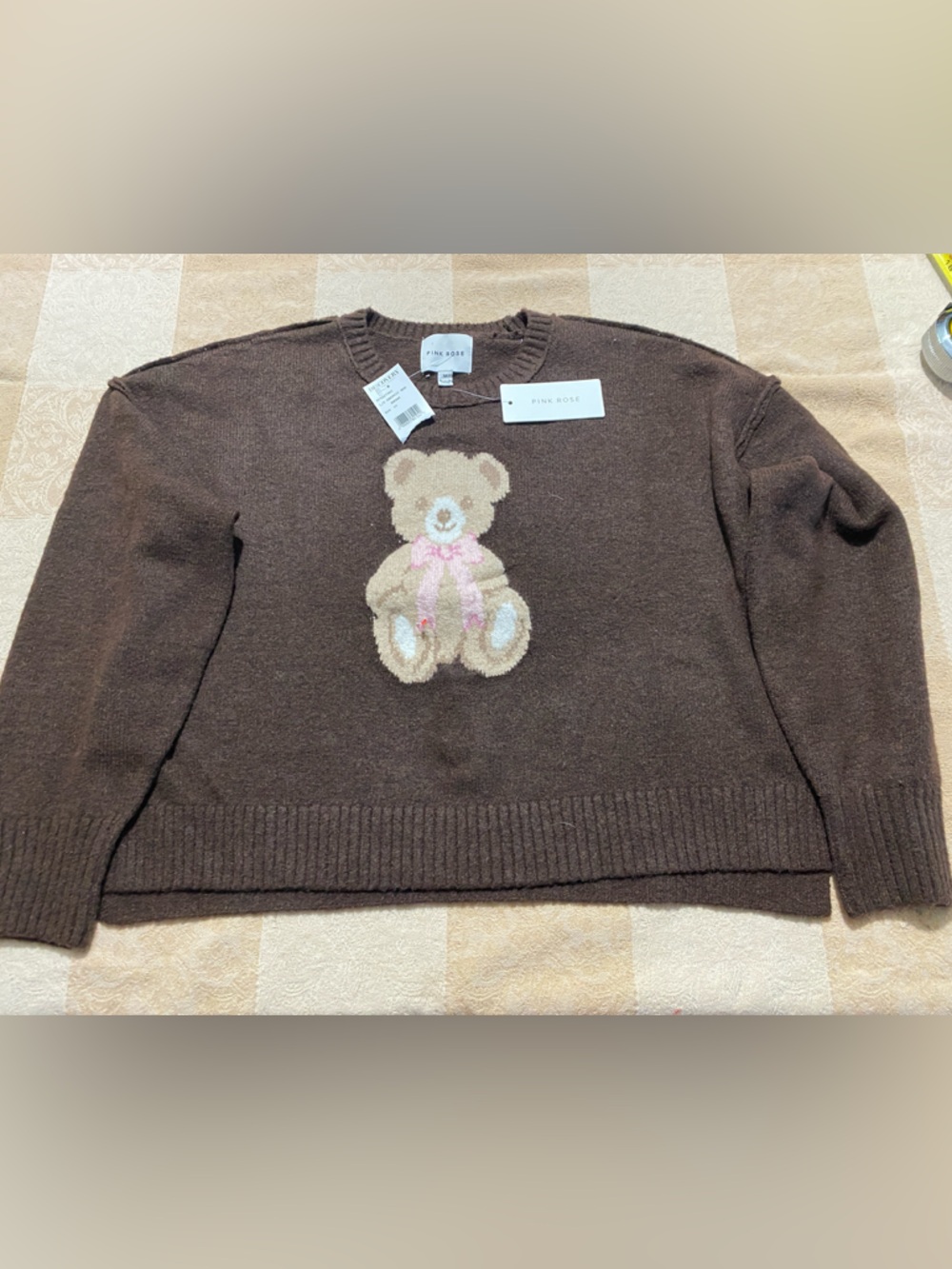 Pink Rose Size M. Brown Teddy Bear Knit Sweater new with tags